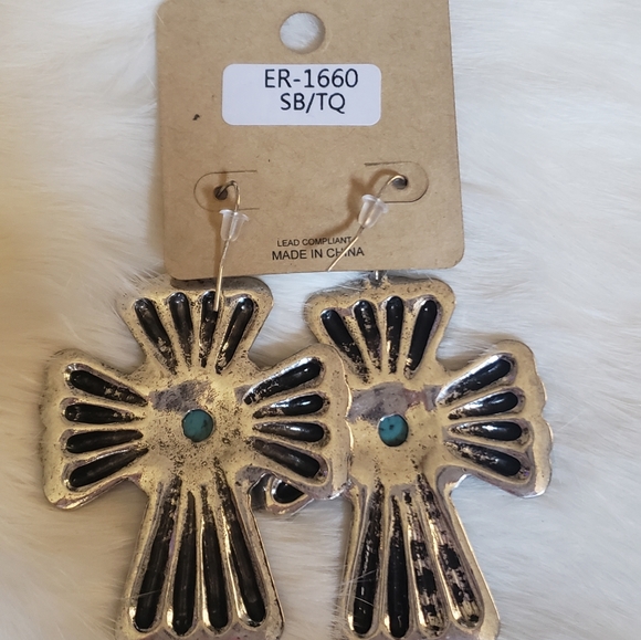 Turquoise Breton Cross Earrings - Picture 2 of 3